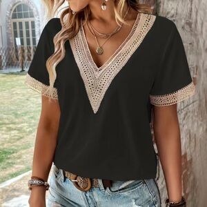 Black Embroidered Lace Short Sleeve Shirt Boho V Neck Blouse M L XL New